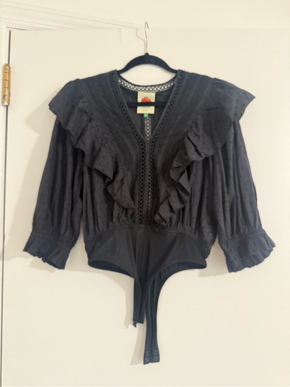 FARM Rio Black Ruffled V-Neck Bodysuit